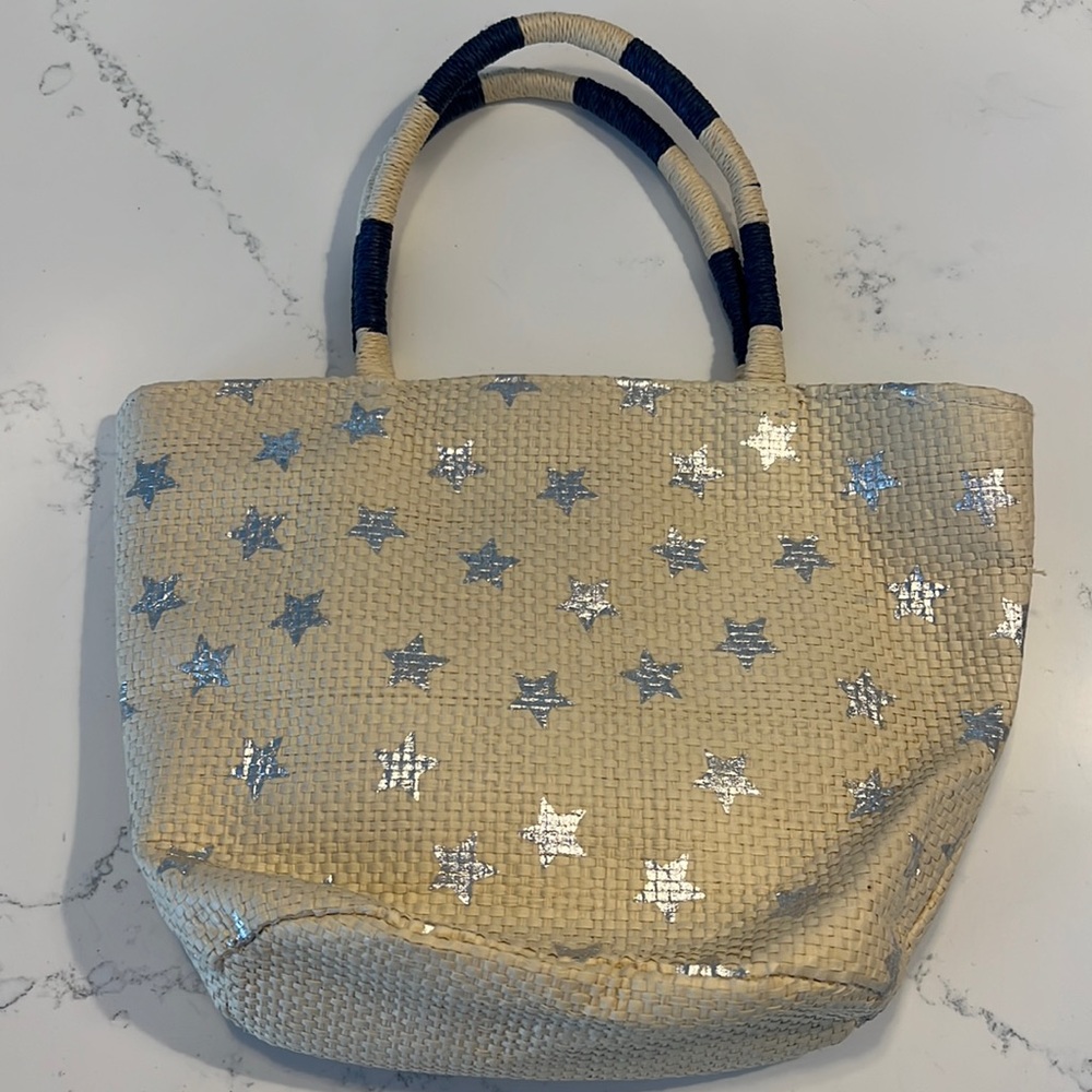 Silver and blue straw mini tote bag